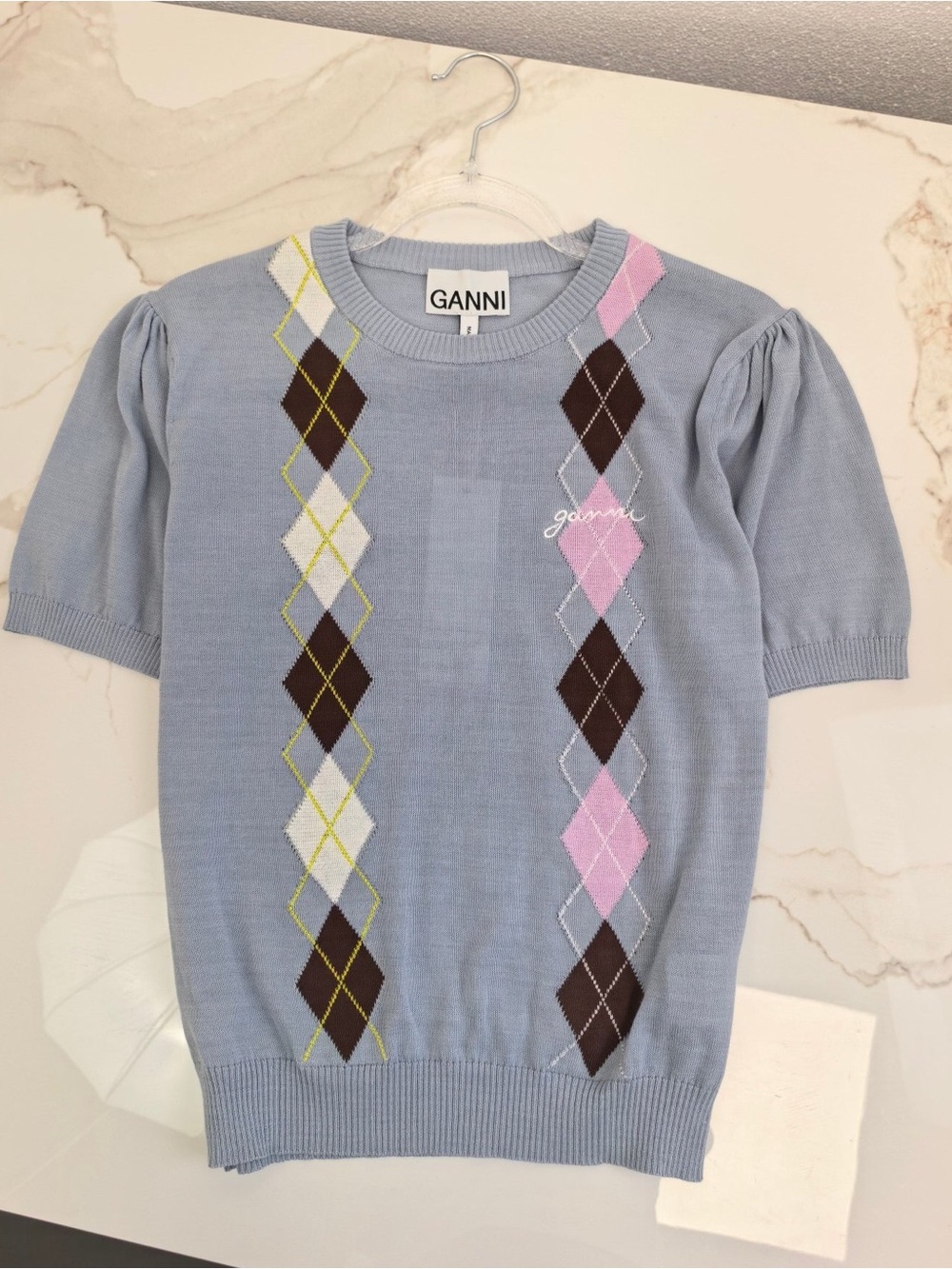 Ganni Pastel Blue Argyle Short Sleeve Knit Top